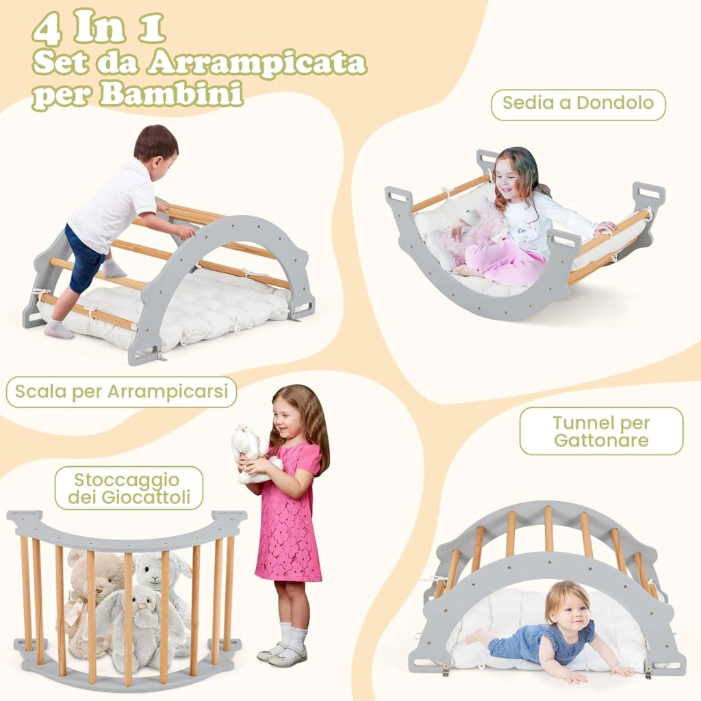 Arco da Arrampicata per Bambini, 2 in 1 Altalena ad Arco in Legno con Cuscino Morbido e Doppia Faccia, Ideale per Bambini 1+ Anni (Grigio)