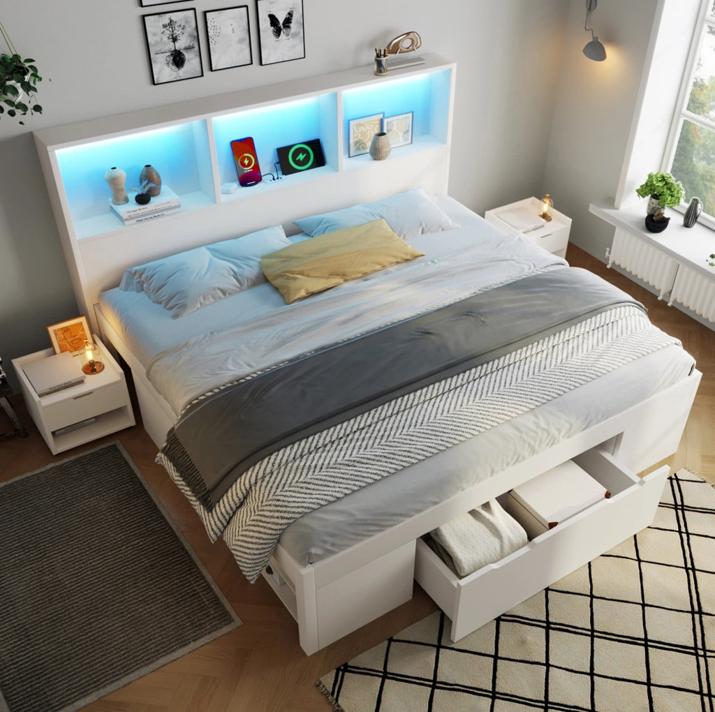 Letto matrimoniale 140x200 cm in legno bianco con LED; USB Type-C; comodini mobili e contenitore