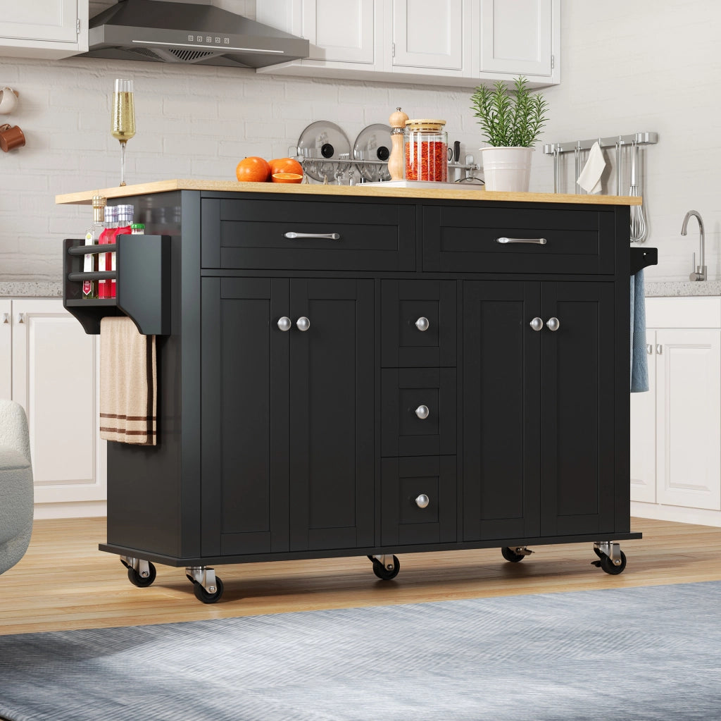 Carrello cucina con piano allungabile 140x65x89 cm in MDF; nero e naturale