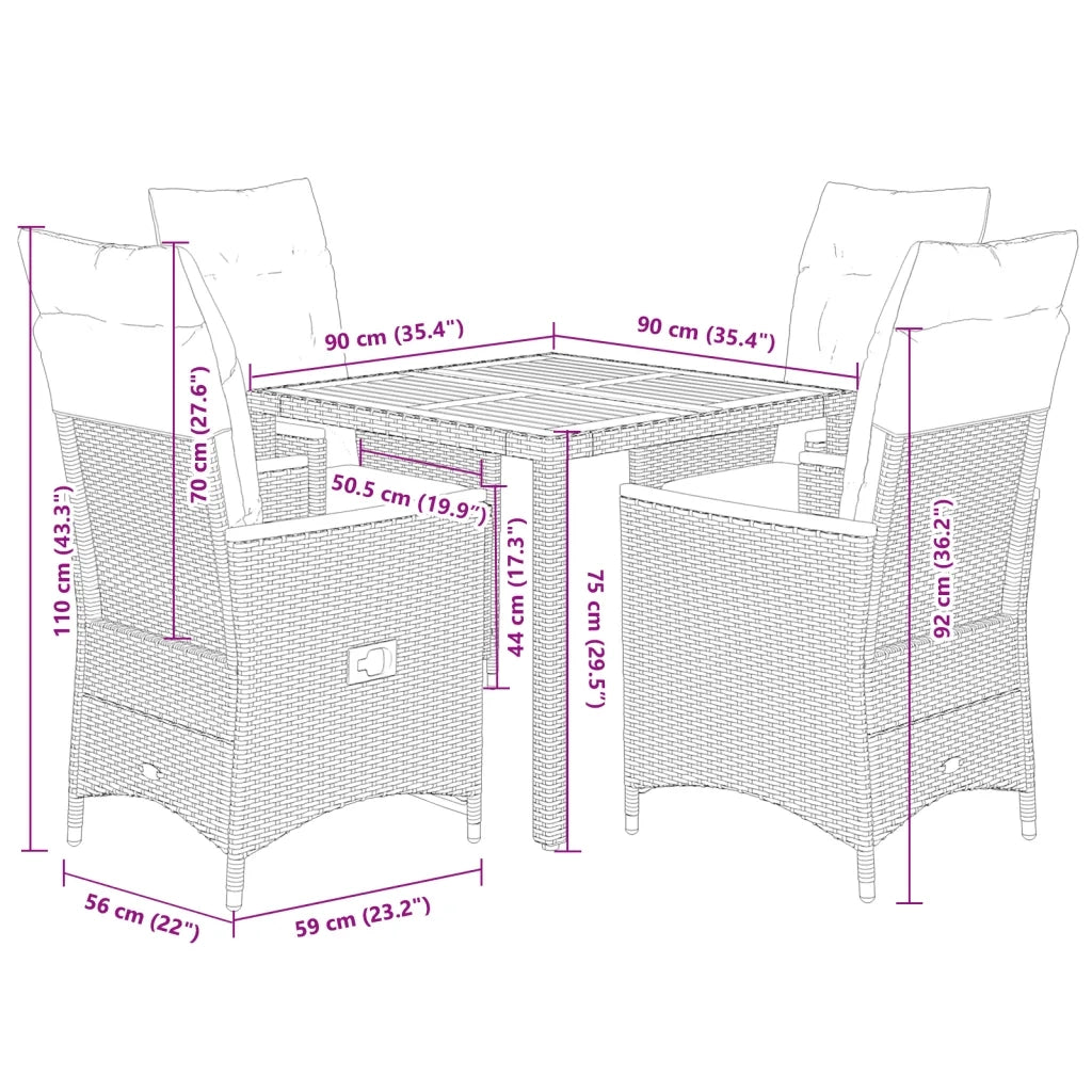 Set da Pranzo da Giardino 5 pz Nero con Cuscini in Polyrattan 3276833