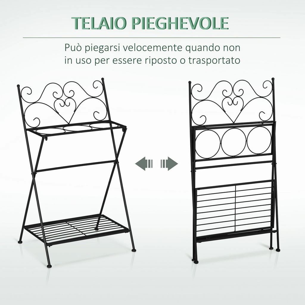 PORTAPIANTE IN METALLO PIEGHEVOLE CON 3 VASI E RIPIANO INFERIORE PER CASA E GIARDINO, 47X37X78.5CM, NERO