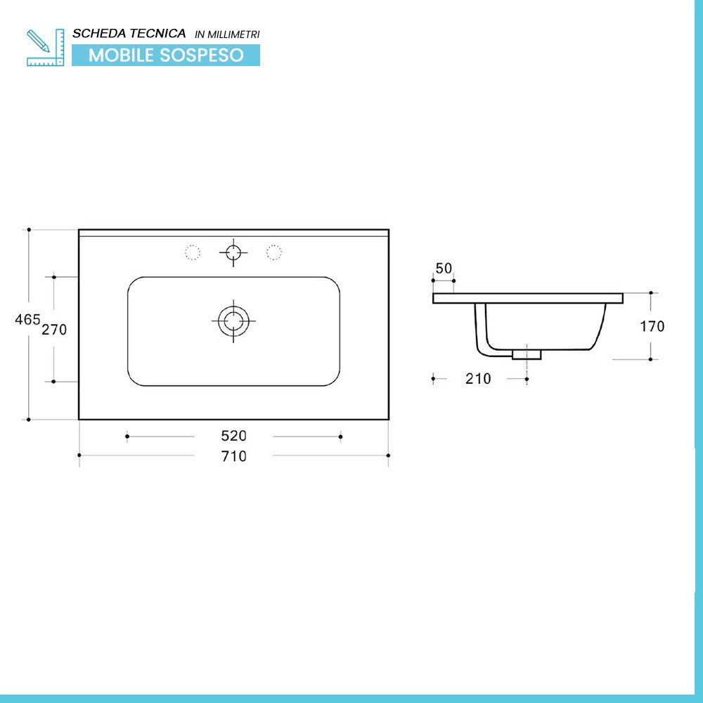 Mobile bagno sospeso 70 cm bianco lucido con lavabo ad incasso Gaya