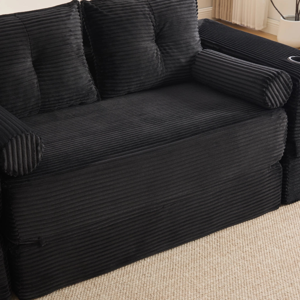 Divano letto multifunzione velluto a coste nero con memory foam, tasche e porta bicchieri