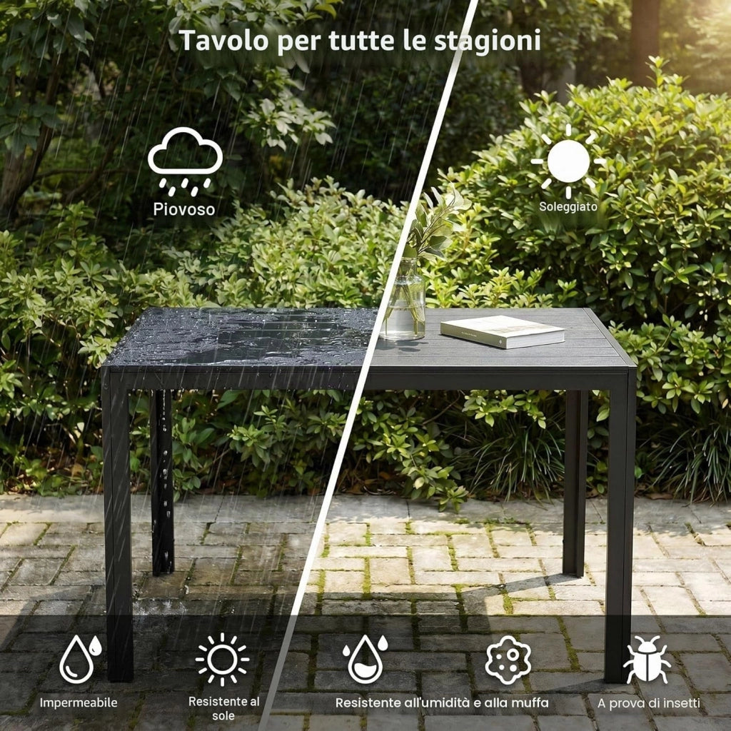 Tavolo da Giardino 110x70 cm, Tavolo da Terrazzo in WPC per 4-6 Persone, Tavolo da Balcone Resistente alle Intemperie con Telaio in Alluminio, Design Effetto Legno,Nero