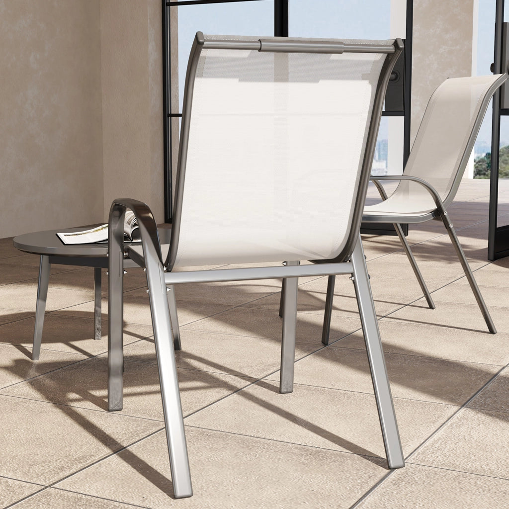 Set 2 Sedie da Giardino 54x71x93 cm Impilabili con Braccioli Curvi in Acciaio e Tessuto Traspirante Grigio Chiaro