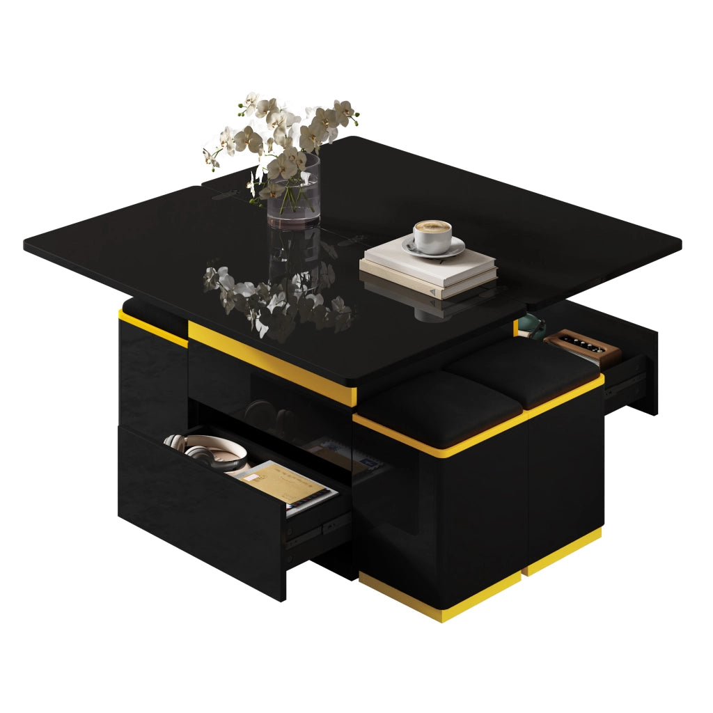 TAVOLINO Alzabile e ribaltabile 100x50x43 cm Nero e Giallo Set con 4 sgabelli