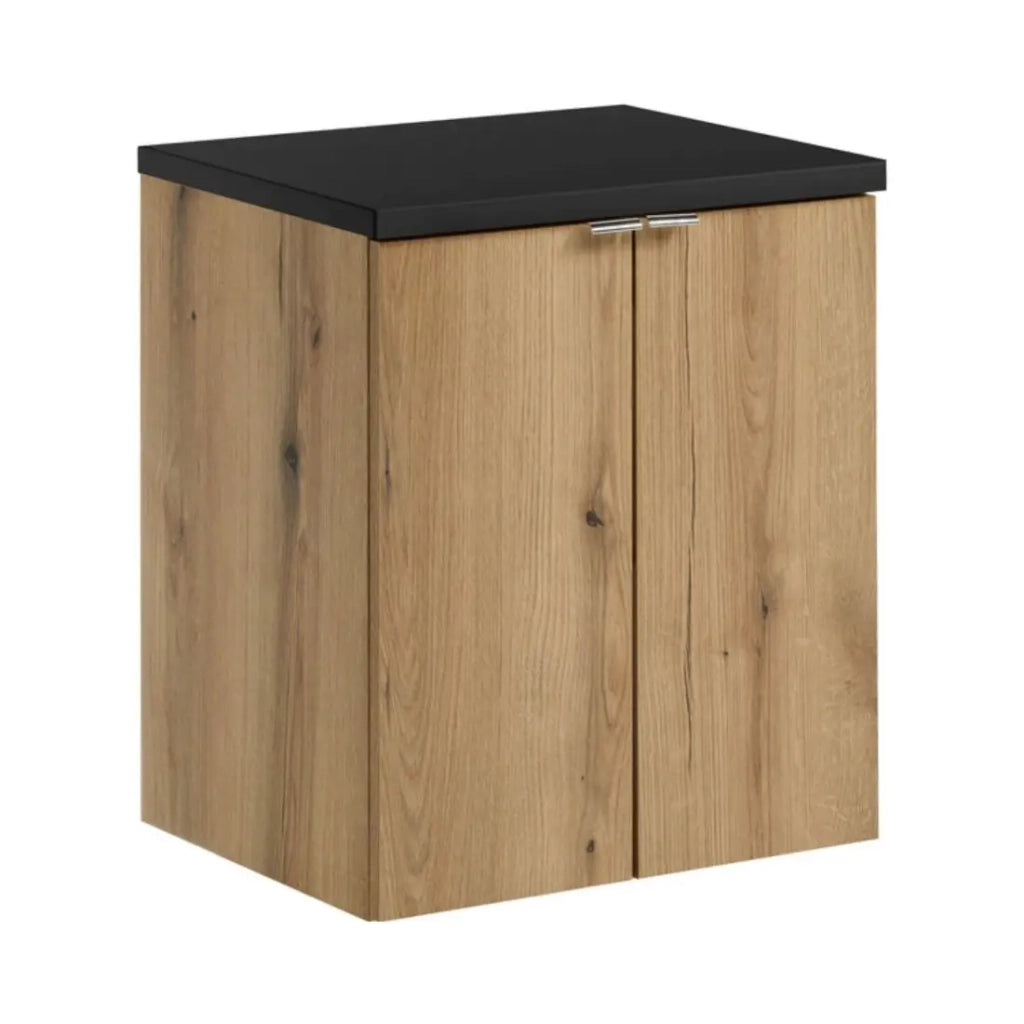 Set da bagno sospeso VANO finitura rovere e nero 50cm: mobile sotto lavabo con armadietti + piano per lavabo