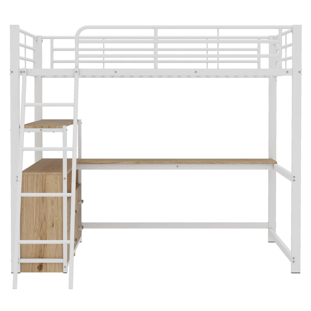 Letto a castello bianco con scrivania a L funzione contenitore struttura in metallo e MDF 140x200 cm