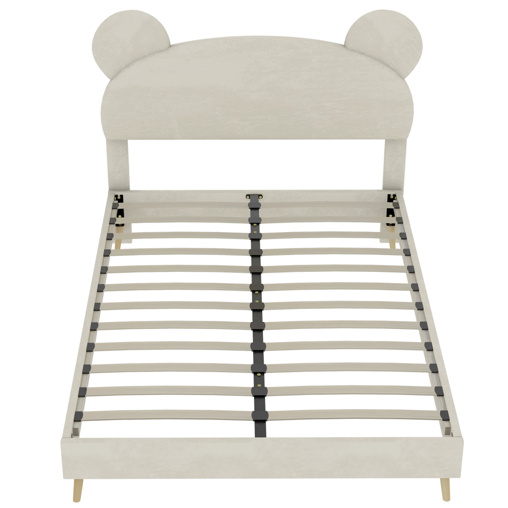 DESMIU Letto per bambini 140 × 200 cm con testiera orso, in tessuto e metallo, materasso incluso, beige