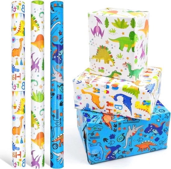 Papier da Regalo Reutilizzabile per Feste di Compleanno con Dinosauri per Ragazzi, Dimensioni 43cm x 3m