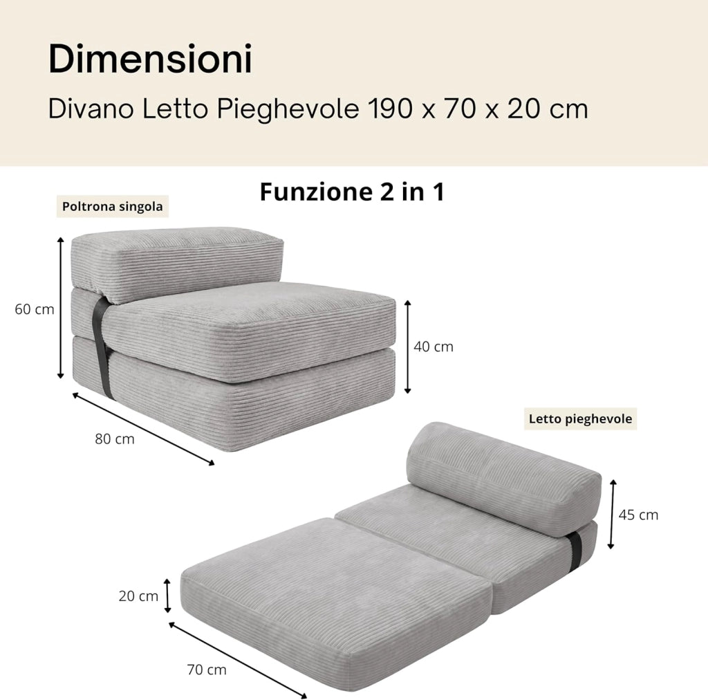 Poltrona Letto Singolo - Pouf Trasformabile in Letto Sfoderabile in Velluto a Coste - Futon Giapponese Pieghevole Pratico e Confortevole, Imbottito in Schiuma (70 x 190 cm, Grigio Chiaro)