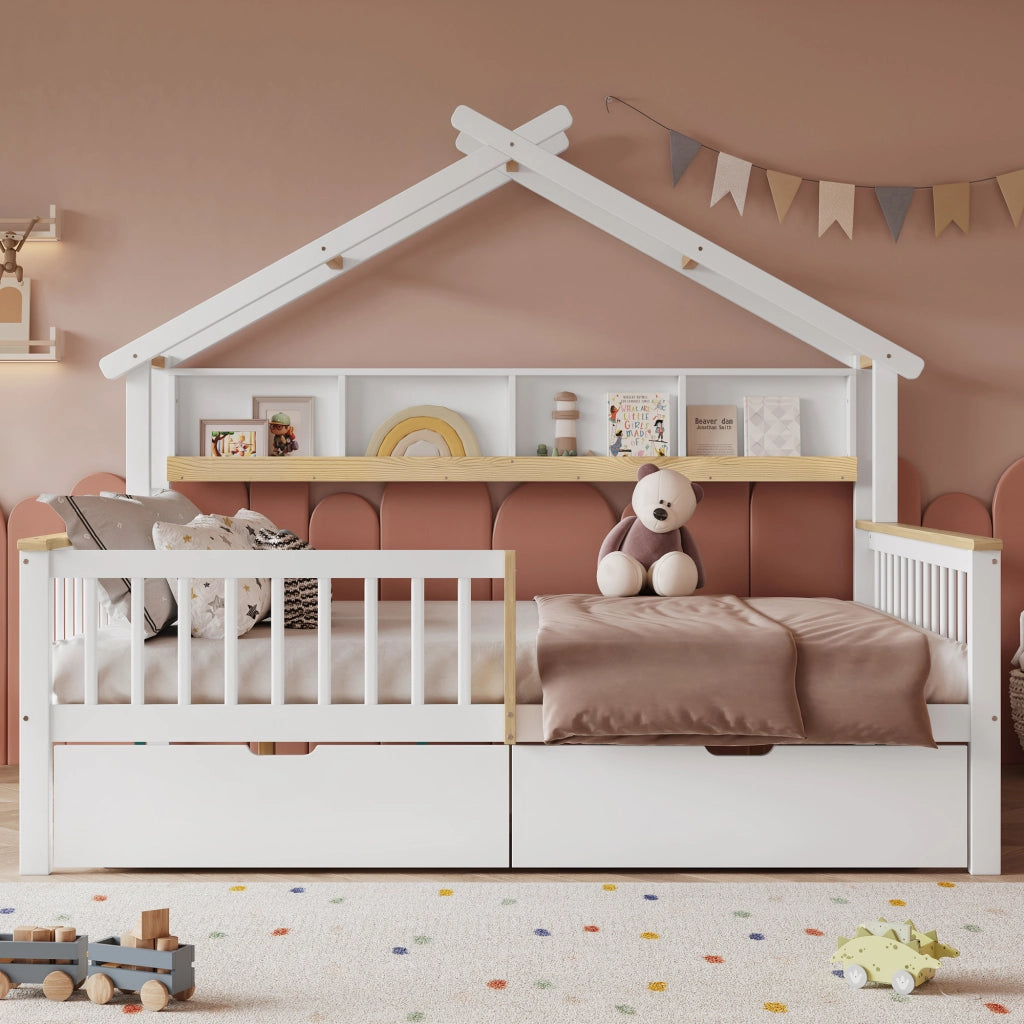 Letto per bambini con tetto e protezioni 140x200 cm; bianco e naturale