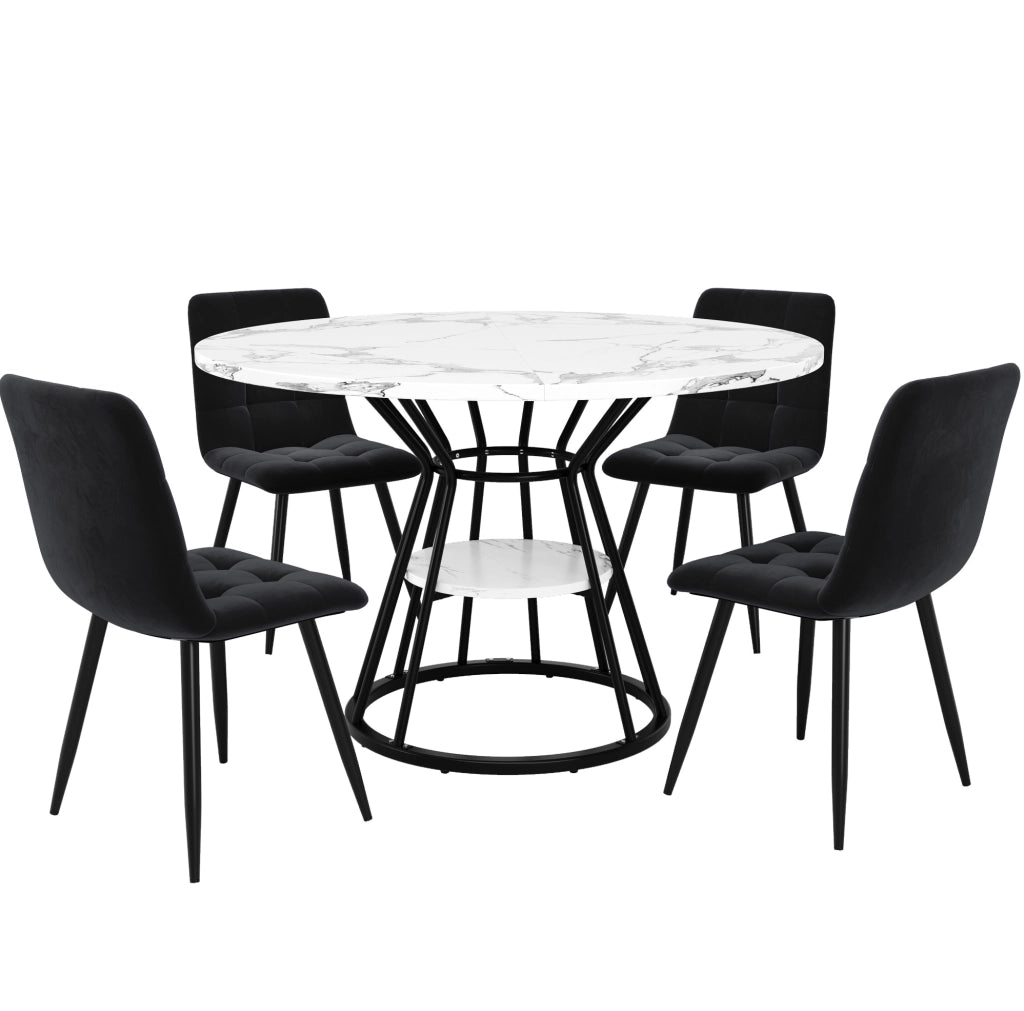 Set da pranzo 5 pezzi con 4 sedie e ripiano portaoggetti in MDF; metallo e velluto nero