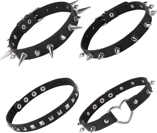 Cinturino in pelle PU nera - Accessori punk - 4 pezzi - Collana gotica - per donne e uomini