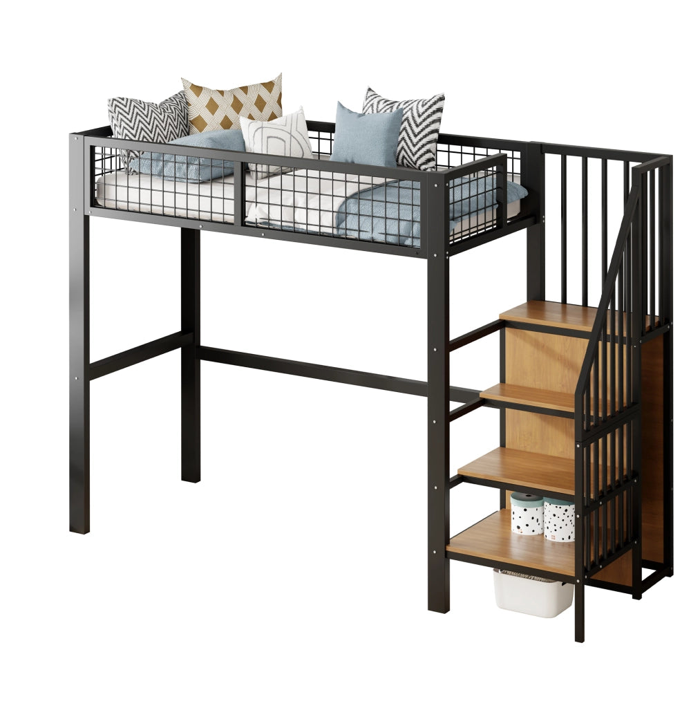 Letto a soppalco 90x200 cm con scala e armadio in metallo e MDF nero