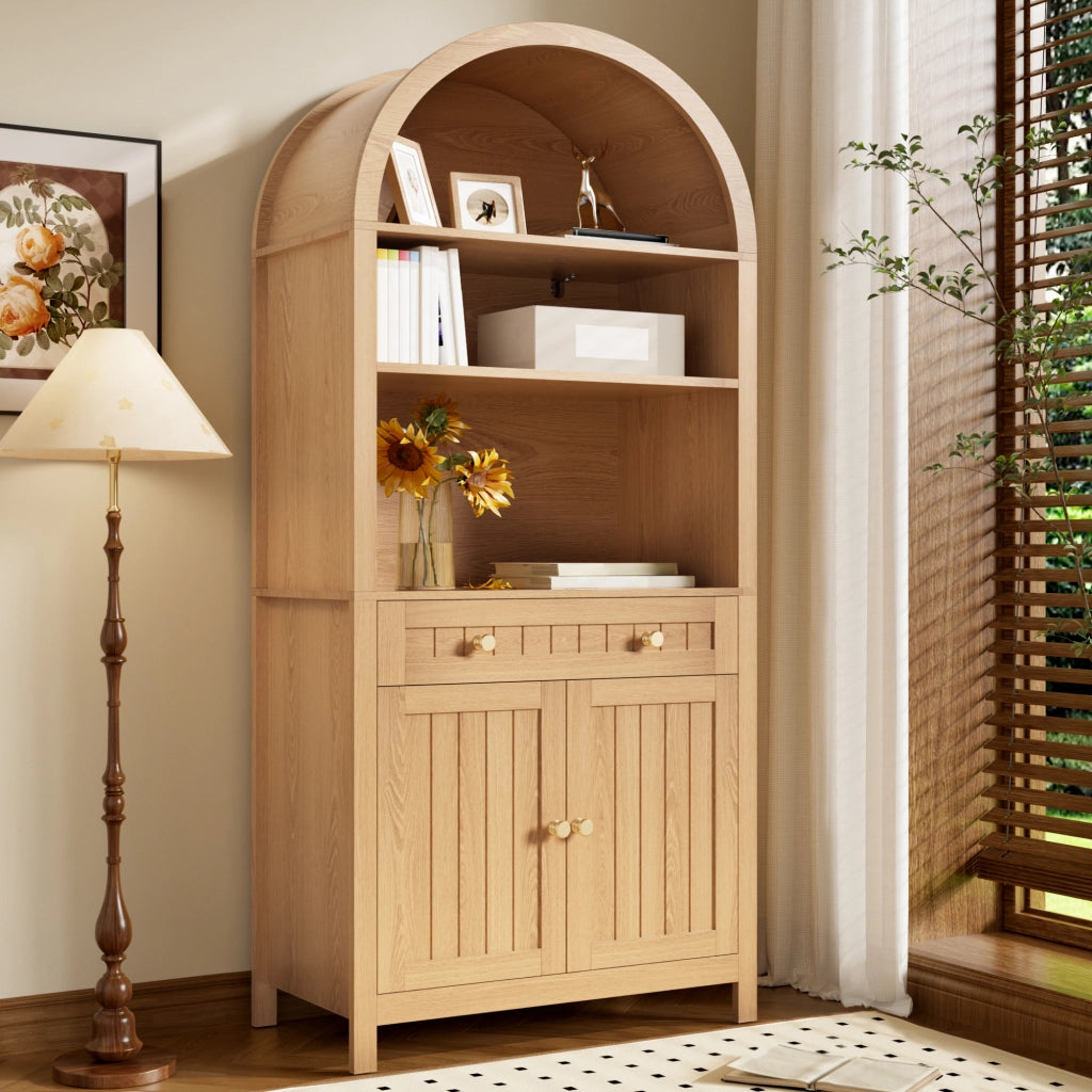 Credenza alta con 2 ante, cassetto e ripiani aperti, portaspezie interni, per cucina e soggiorno, in MDF, naturale