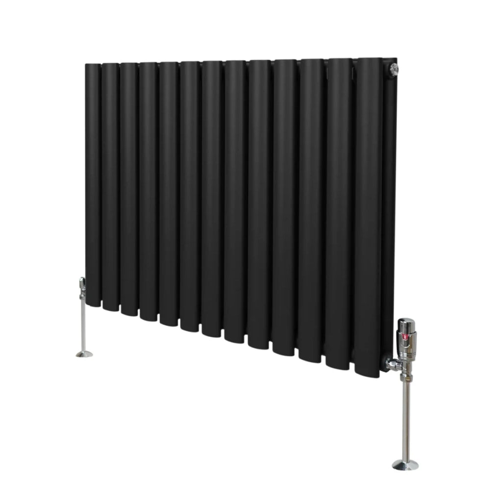 Radiatore a colonna ovale e valvole cromate TRV Designer nero 600 mm x 780mm