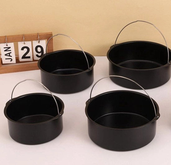 Set di 5 pezzi (15 cm + 18 cm + 20 cm + 23 cm + 15 cm), forme a caramella in acciaio di carbonio con manico, accessori rotondi per air fryer domestico, rivestimento antiscivolo, ciotola per cottura, pannetto per pizza.