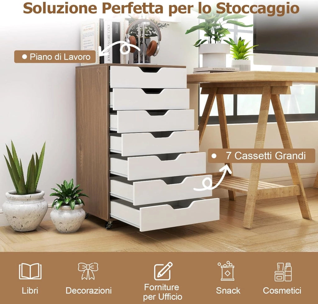 Cassettiera da Ufficio con 7 Cassetti, Mobiletto per Documenti con 4 Ruote Girevoli, Cassettiera da Scrivania in Legno per Ufficio e Soggiorno, 49 x 40 x 87 cm (Naturale + Bianco)