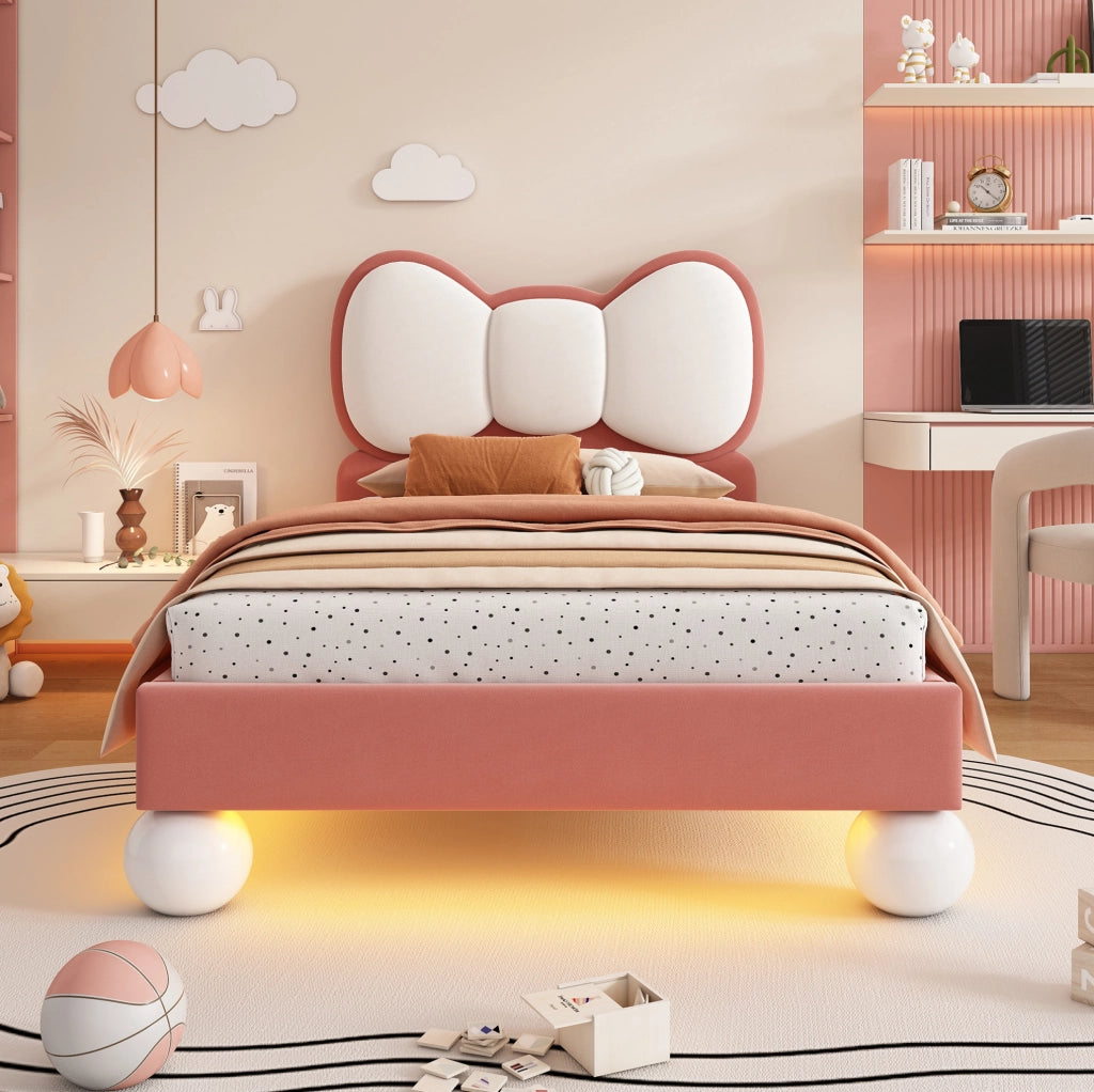 Letto singolo imbottito per bambini 90x200 cm con testiera a fiocco e luce LED