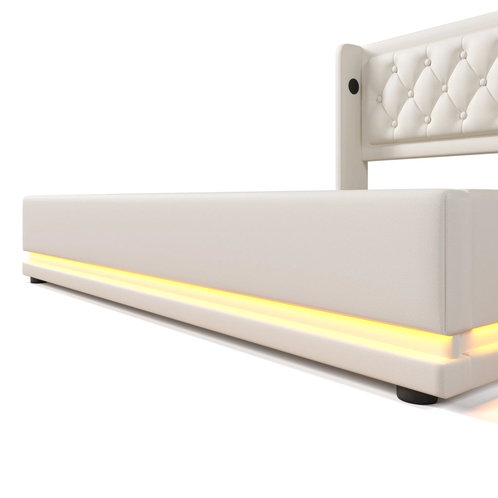 Letti contenitori 160x200 cm; testiera con USB Type-C e LED; PU bianco (Senza materasso)