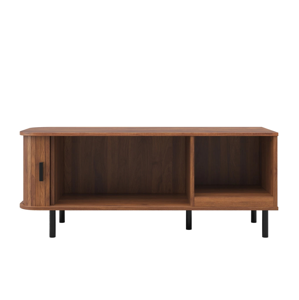 Tavolino da caffè 110x40x55 cm con porta scorrevole e vano a giorno in MDF e truciolare noce