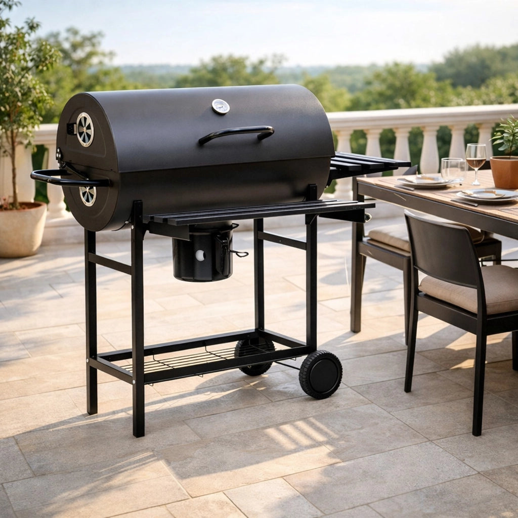 Barbecue A Carbone Con Coperchio Termometro Integrato Grill BBQ In Acciaio Nero