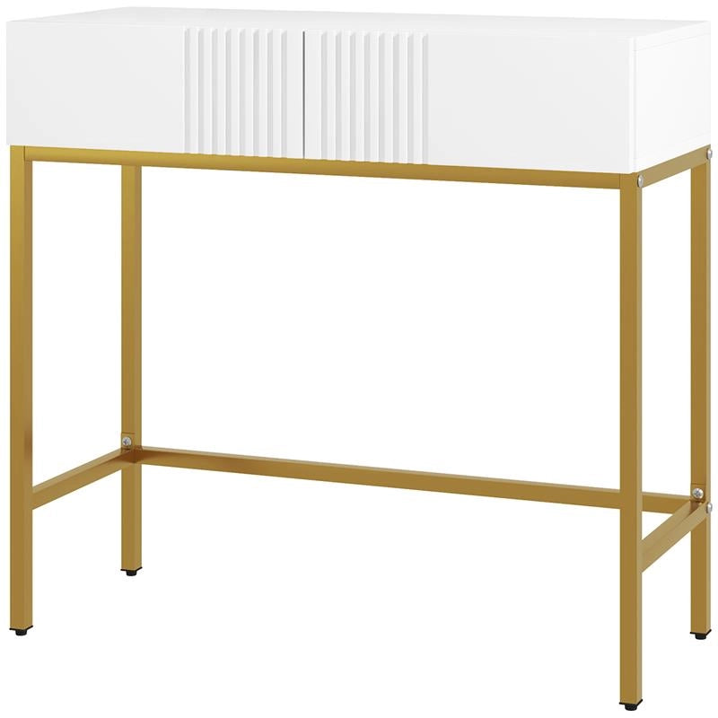 CONSOLLE DA INGRESSO MODERNA CON 2 CASSETTI E GAMBE DORATE, 80X31.5X75CM, BIANCO