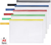 Documenti A5, 5 contenitori A5 con chiusura a rullo, tasche per documenti, pannelli in plastica mesh impermeabili per contenitori, documenti, carta, cosmetici, compiti e accessori di viaggio.