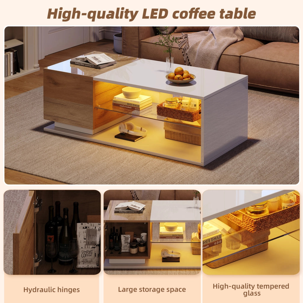 Tavolino da caffè con vano aperto e LED; per soggiorno; in truciolare e vetro; 105×50×36 cm; bianco e rovere