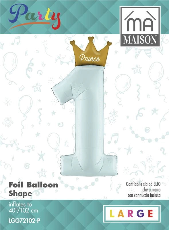 MA MAISON MYLAR "1" COMPLEANNO CELESTE CON CORONA DORATA 102X40CM CANNUCCIA INCLUSA