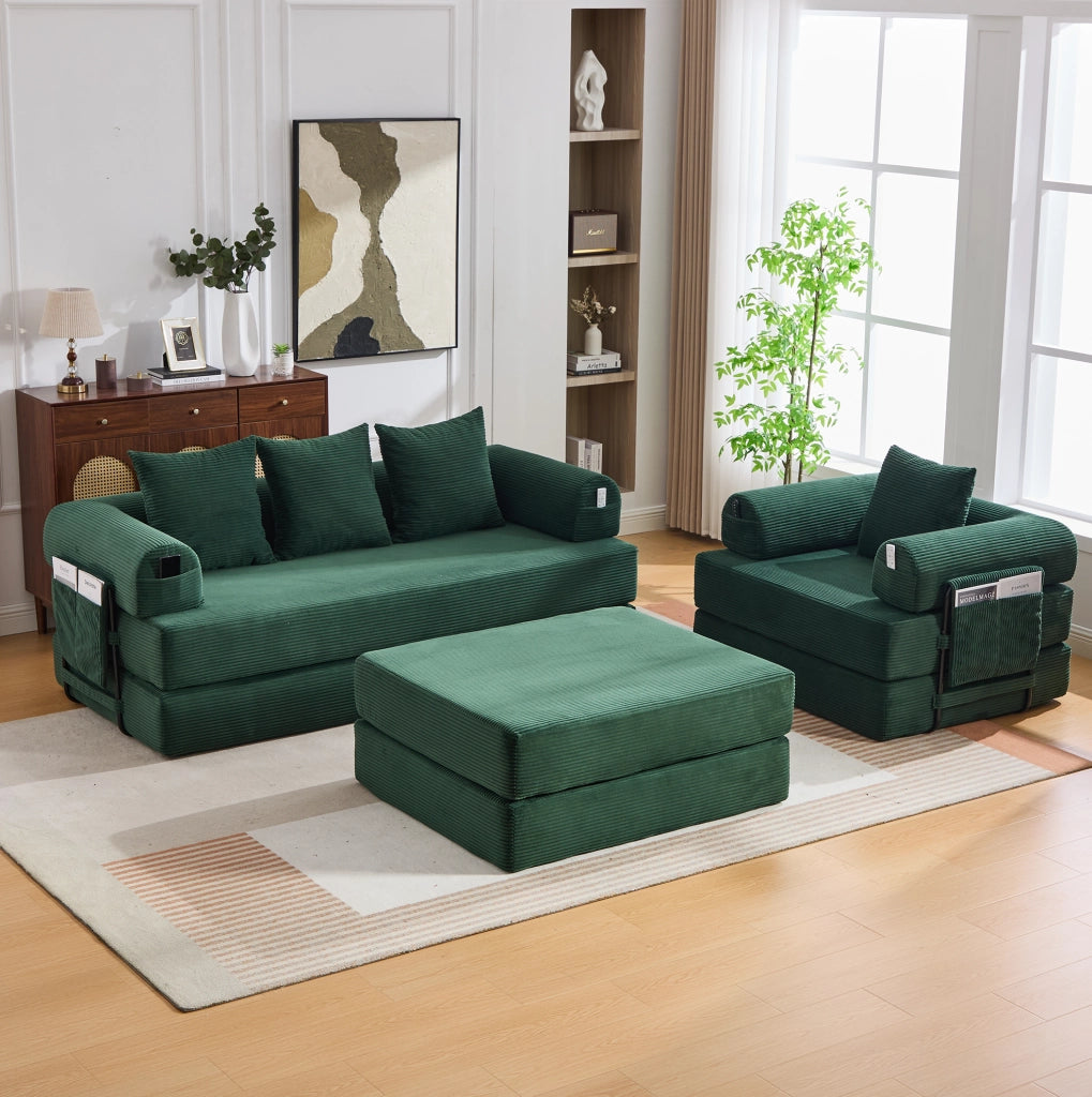 Divano modulare in corduroy verde smeraldo con pouf; 200x94x67 cm