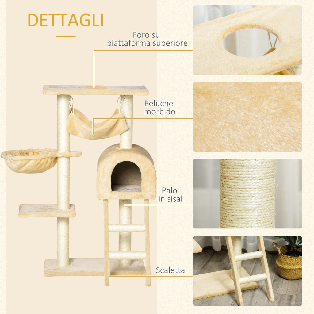 Tiragraffi per Gatti Multilivello con Amaca e Casetta, Corde in Sisal Naturale, 55¡Á30¡Á100cm