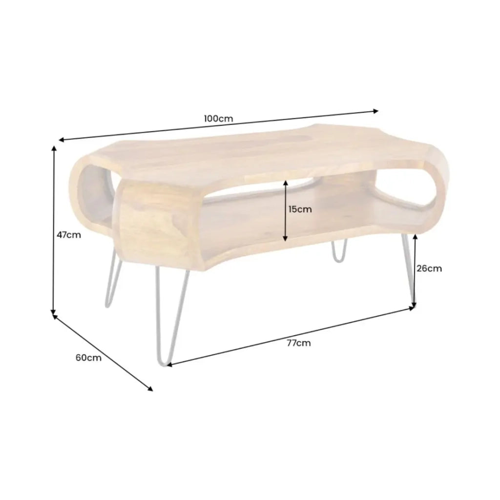 Tavolino basso NERA 100 cm in legno massello di Sheesham con nicchia – stile retrò industriale