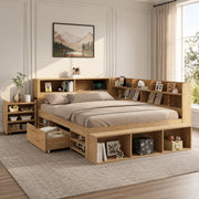 LETTO MULTIFUNZIONALE 140x200 cm Plywood Naturale con cassetti e vani contenitore