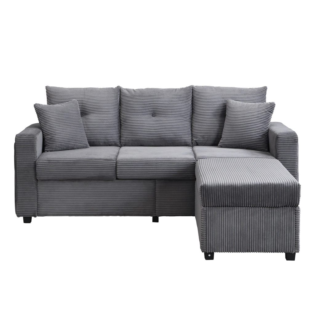 Divano modulare a L con pouf e luci LED; con tasche laterali; in tessuto a coste grigio antico