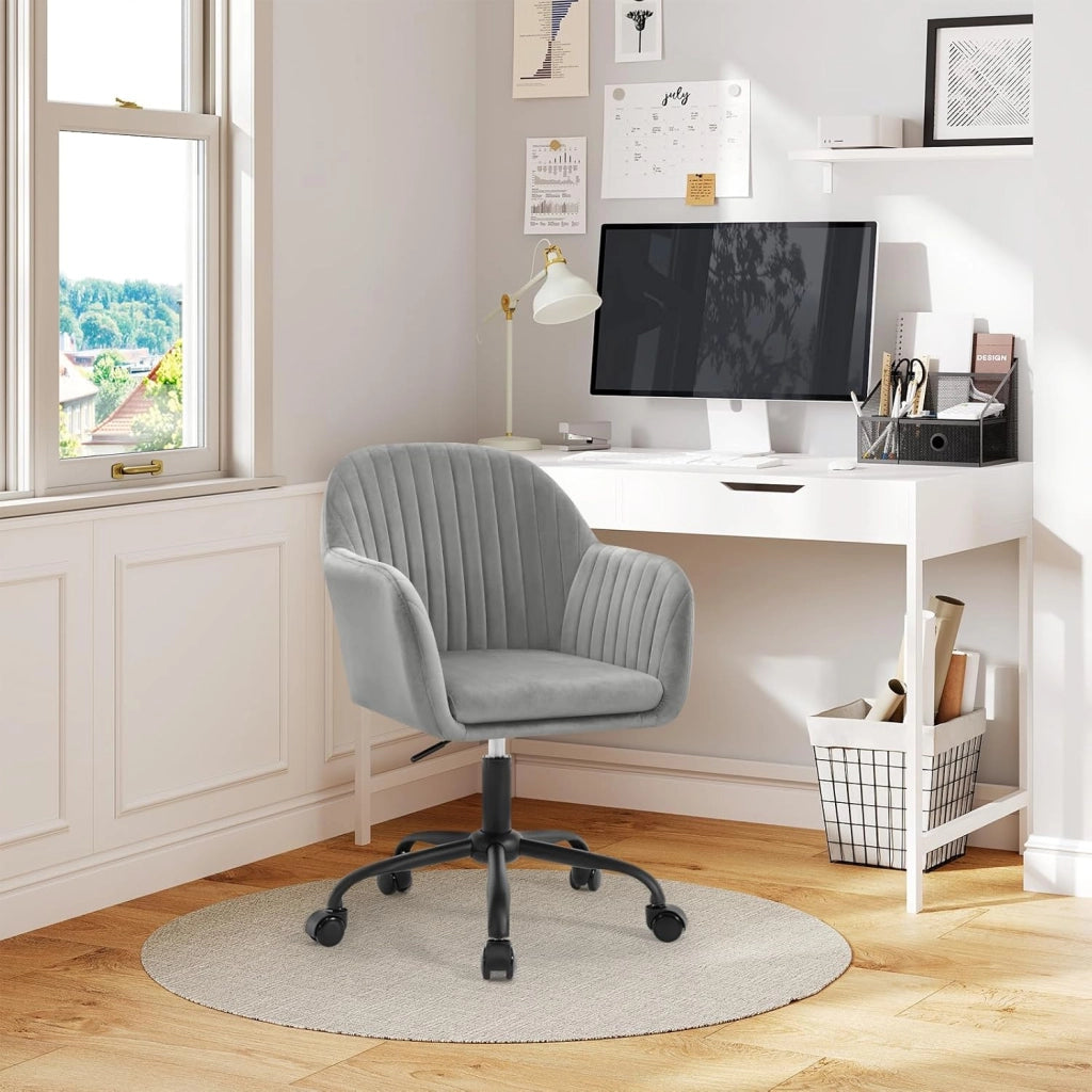 Sedia da Ufficio, Sedia da Toeletta, Poltrona Ergonomica, Ampia, in Velluto Imbottita, Regolabile in Altezza per Ufficio e Camera da Letto, Grigio Chiaro, BS166hgr