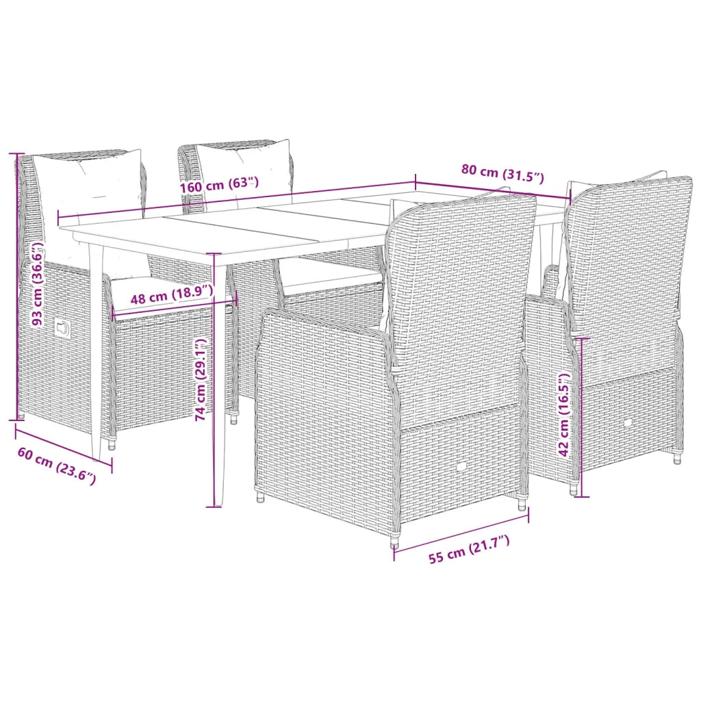 Set da Pranzo da Giardino 5 pz Nero con Cuscini in Polyrattan 3262829
