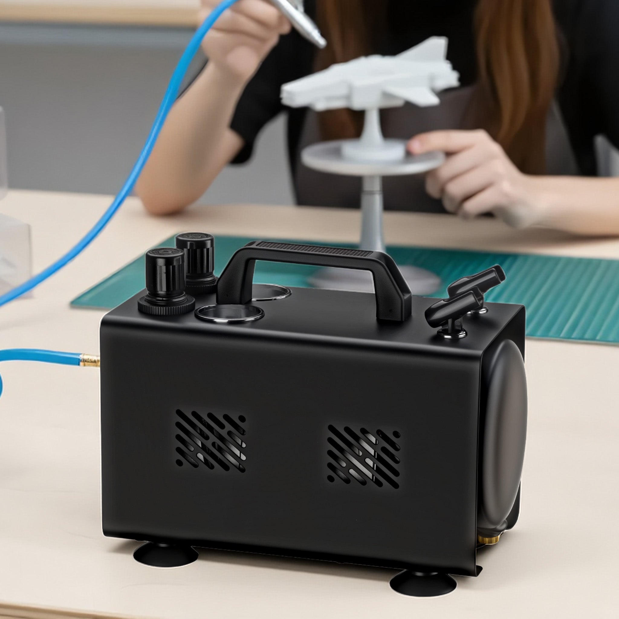 Compressore aerografo AS18TA 1/6 CV, compressore ad aria con portata d'aria compressa 20-23 l/min, 2 attacchi per pistola aerografo, manometro, per modellismo, decorazione unghie