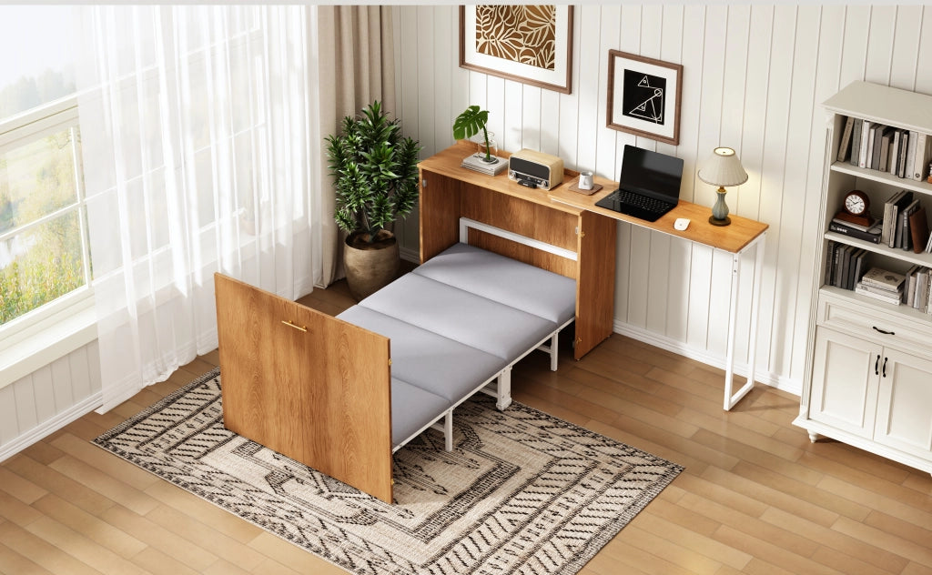 Letto a scomparsa 90 × 200 cm con scrivania girevole, materasso incluso, con ruote, in metallo e legno, naturale