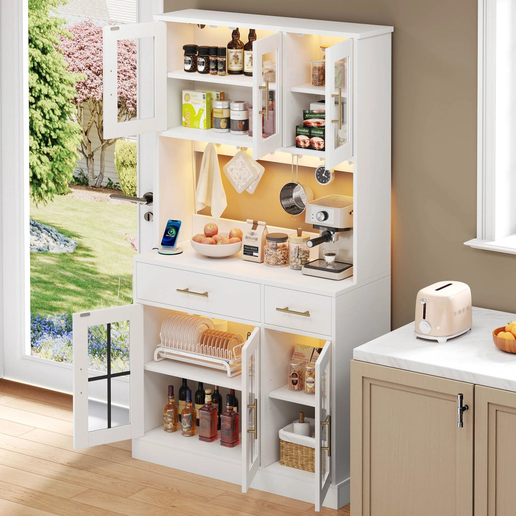 Credenza da cucina con 6 Ante; 2 Cassetti; Ripiani Regolabili e LED; Stile Rustico; in MDF; Bianco