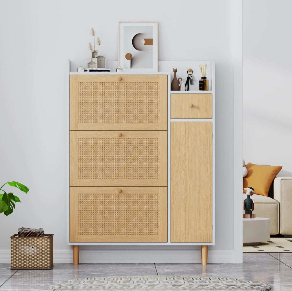 Mobile portascarpe in stile rattan con 3 ante a ribalta e 1 cassetto; 90x125x17 cm; MDF naturale e bianco