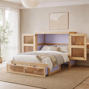 Letto a scomparsa 140x200 cm con cassetti e rattan