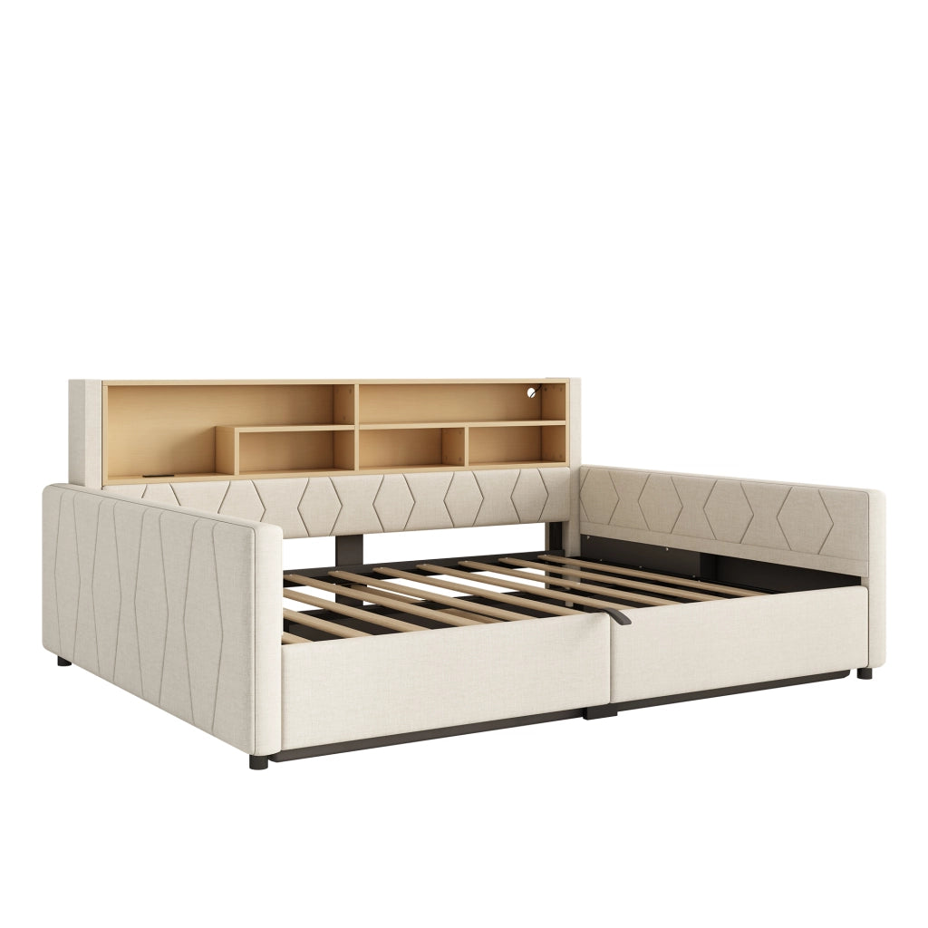 Letto contenitore 140x200 cm beige in lino e MDF con LED e prese USB