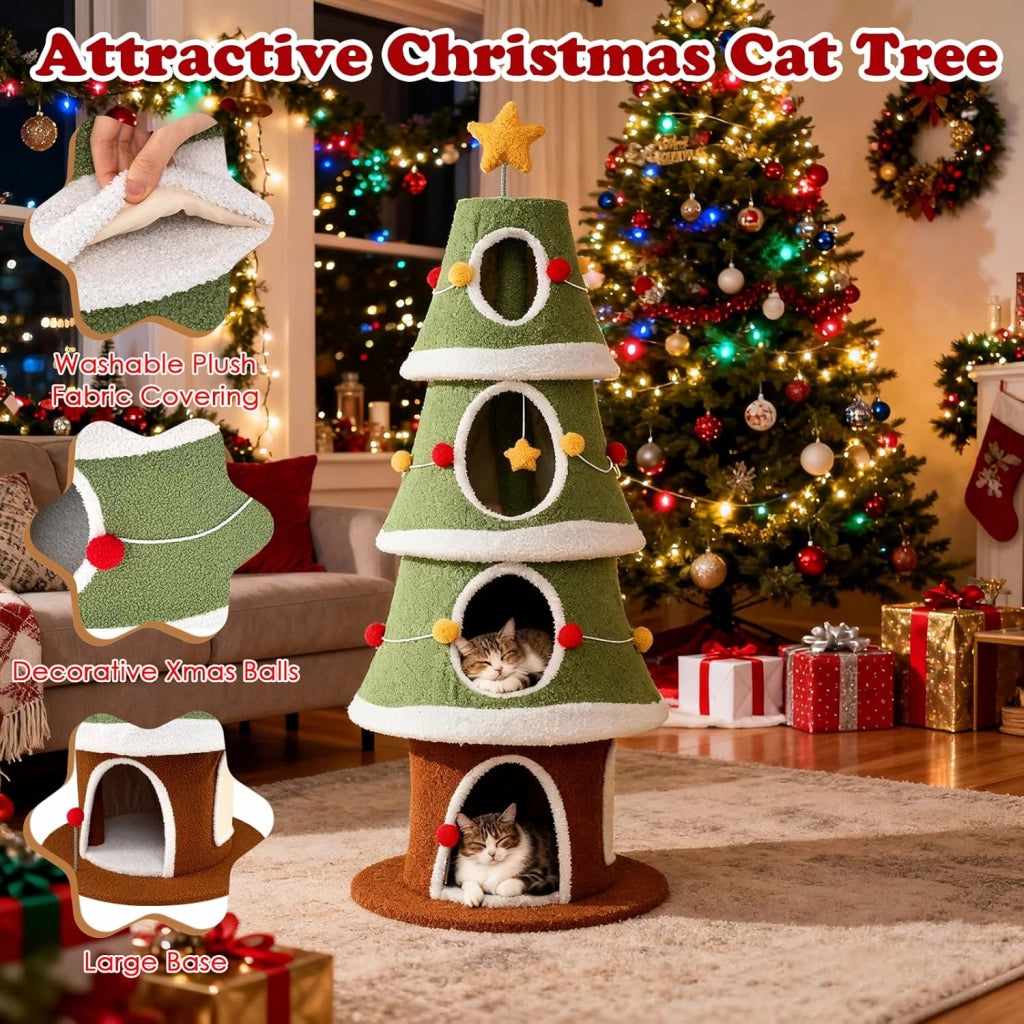 Albero di Natale per Gatti 154 cm, Tiragraffi per Gatti a 4 Livelli con Cuccia Grotta in Peluche con Palline, Piattaforma e Palla, Torre per Gatto con Rifugio, Forma di Albero di Natale
