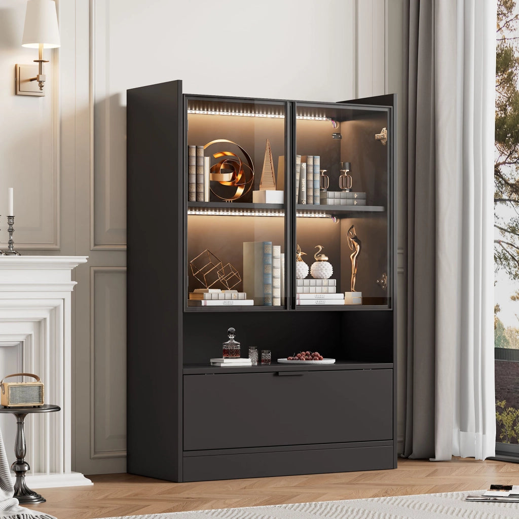 Vetrina con 2 ante in vetro; vano inferiore e LED - nero - 80x35x120 cm