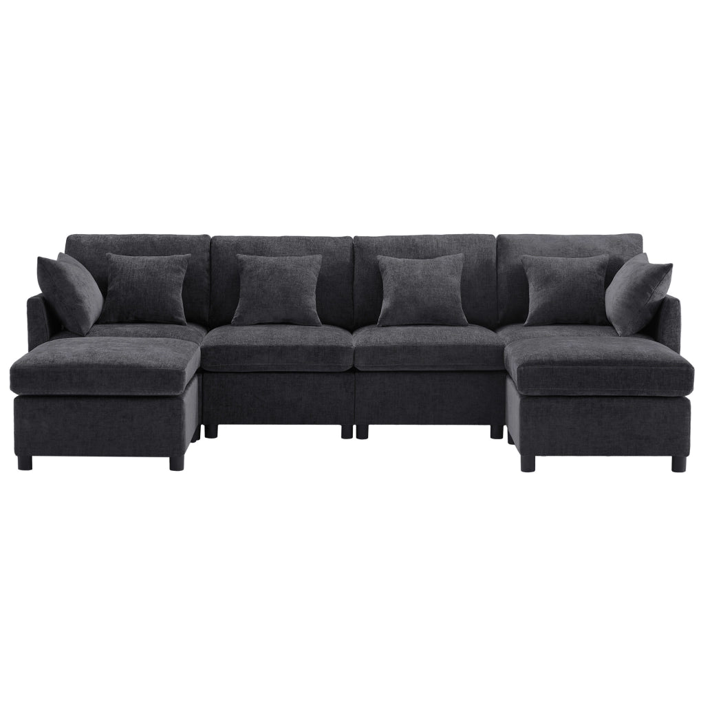 Divano modulare 4-6 posti con 2 pouf e 6 cuscini; 278x161x81 cm; in chenille grigio