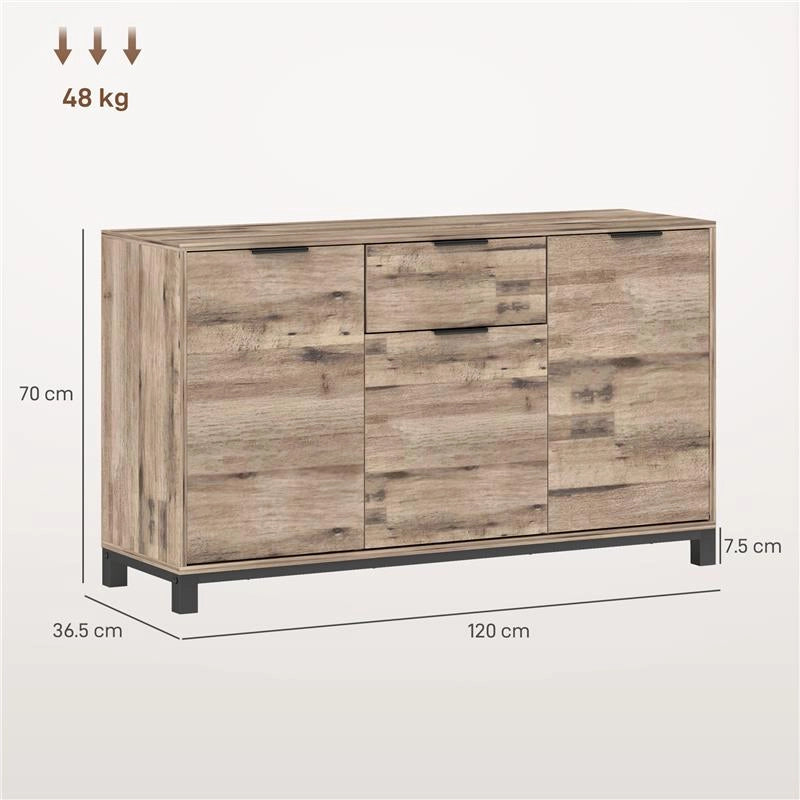 CREDENZA BUFFET IN STILE INDUSTRIALE CON CASSETTO E 3 ARMADIETTI IN LEGNO MARRONE 120X36.5X70 CM