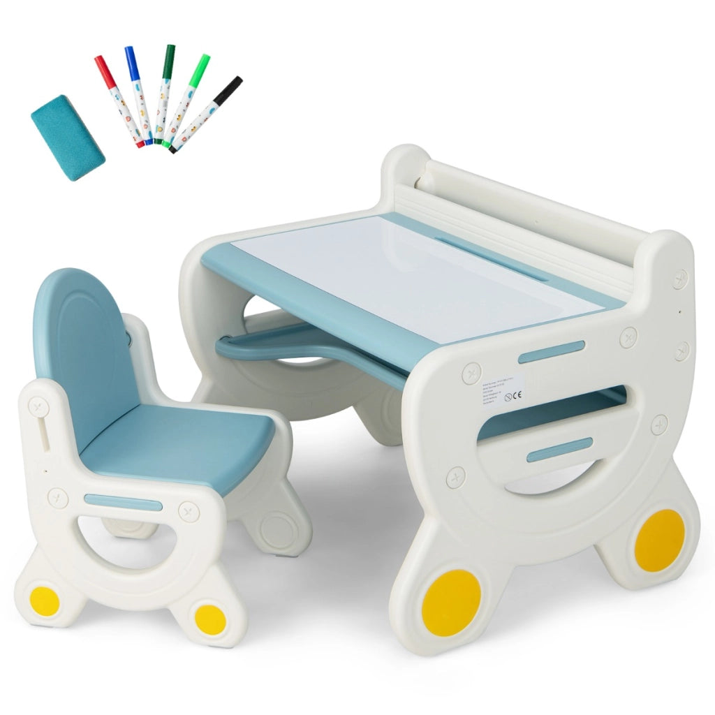 Tavolo da disegno e sedia per bambini con acquarelli e gomma per lavagna, Tavolo con ripiano da leggere Blu-Tavoli e sedie