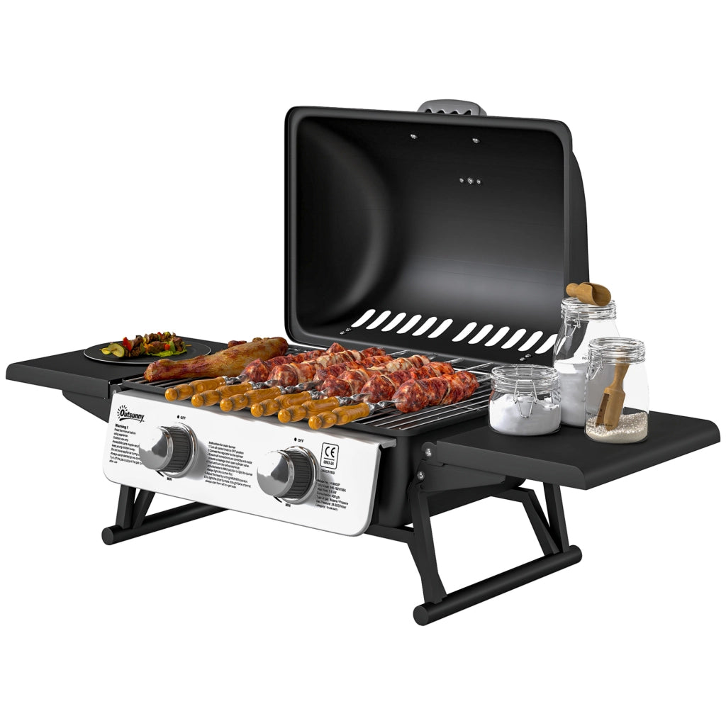 Barbecue a Gas 2 Fuochi con Termometro e Scaffali Laterali Pieghevoli ¨C zephmum ¨C 101x48x41 cm Nero